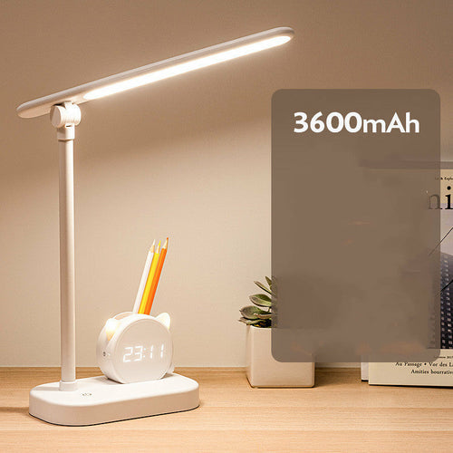 LED Eye Protection Desk Lamp Pen Holder With Clock