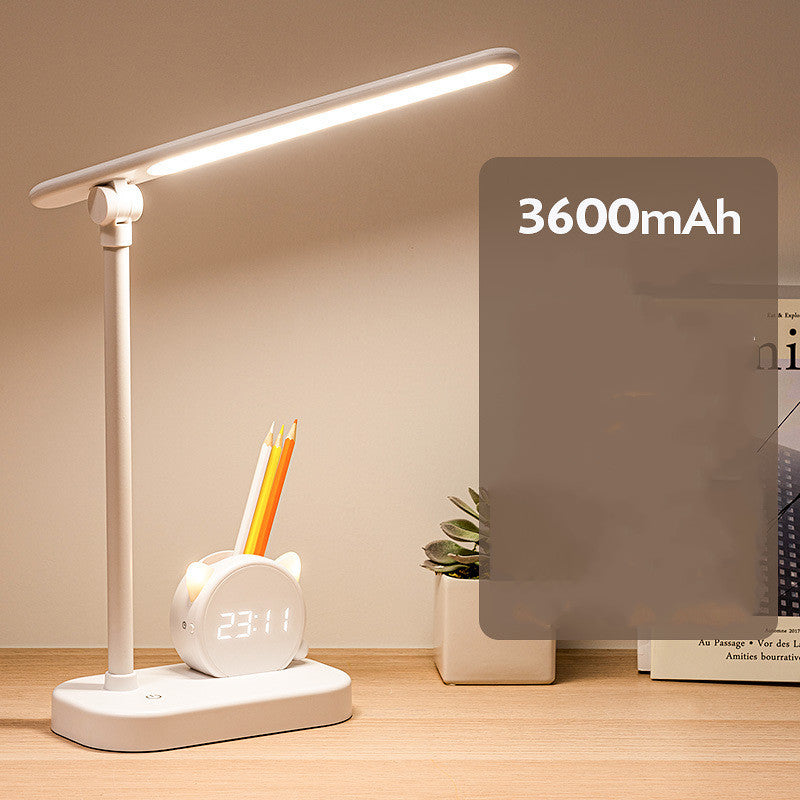 LED Eye Protection Desk Lamp Pen Holder With Clock