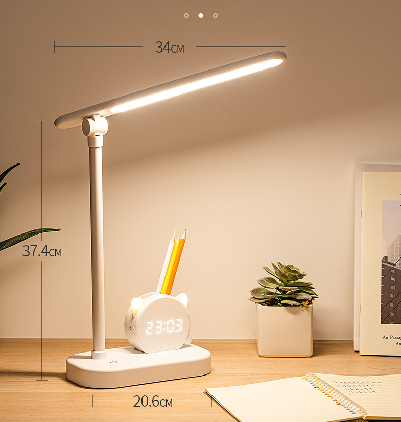 LED Eye Protection Desk Lamp Pen Holder With Clock
