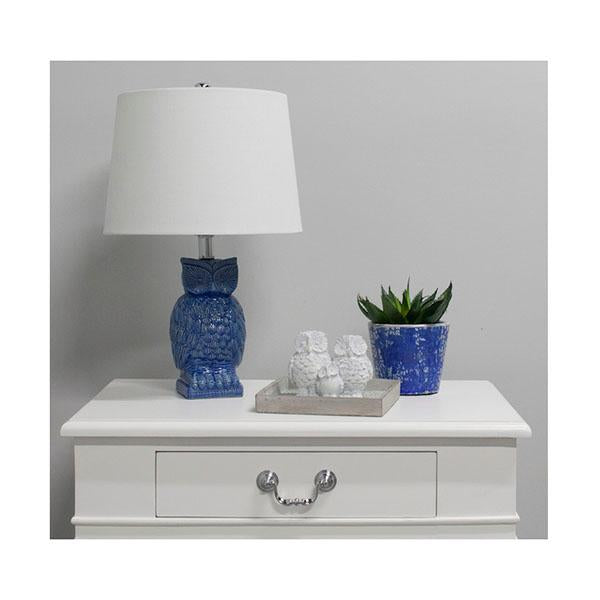 2 Blue Owl Bedside Lamp Mid Blue Gloss Ceramic With Shade
