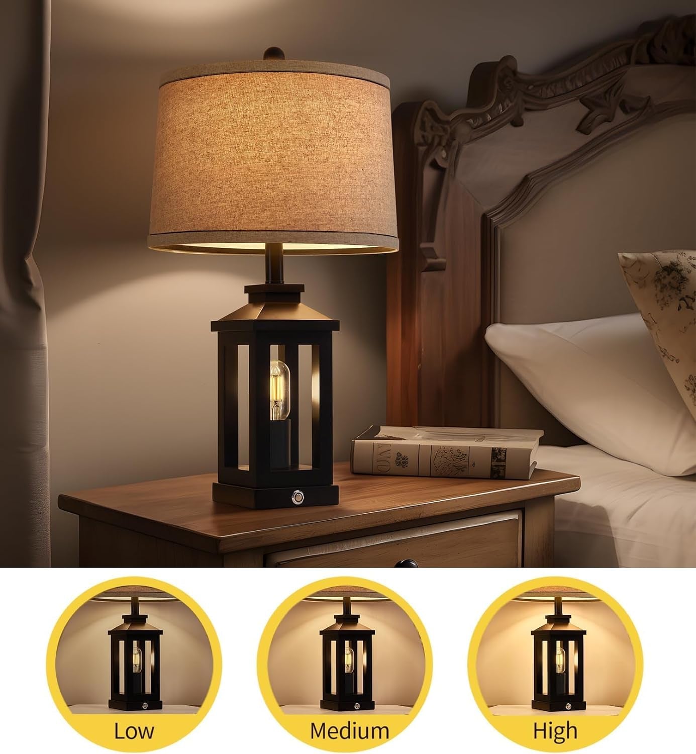 Retro Black Table Lamps Touch Control, USB, Vintage Set