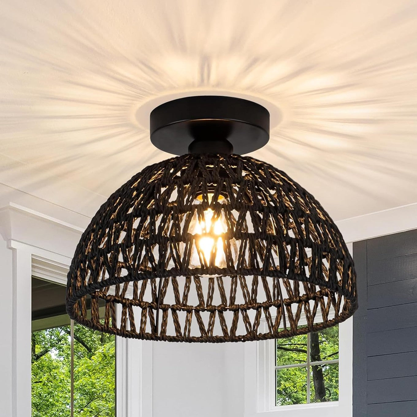 Metal Dual Ring Semi Flush Mount Ceiling Light Lamp (Black)