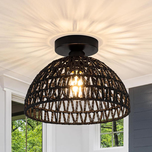 Metal Dual Ring Semi Flush Mount Ceiling Light Lamp (Black)